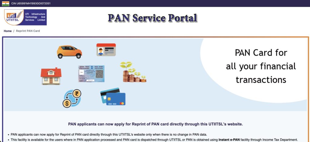 Reprint PAN Card Online via UTIITSL Portal