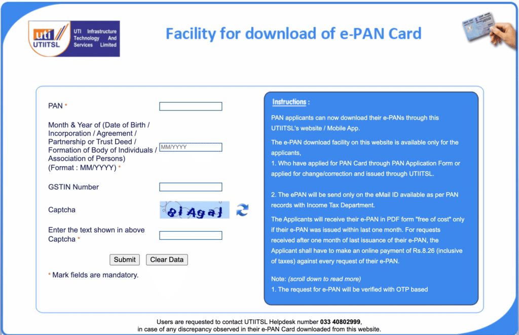 UTIITSL e-PAN download page