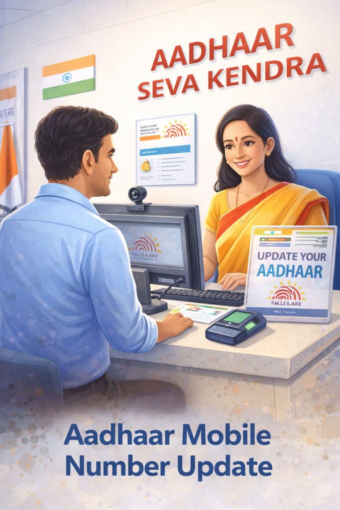 A person going to update aadhaar mobile number at aadhaar seva kendra